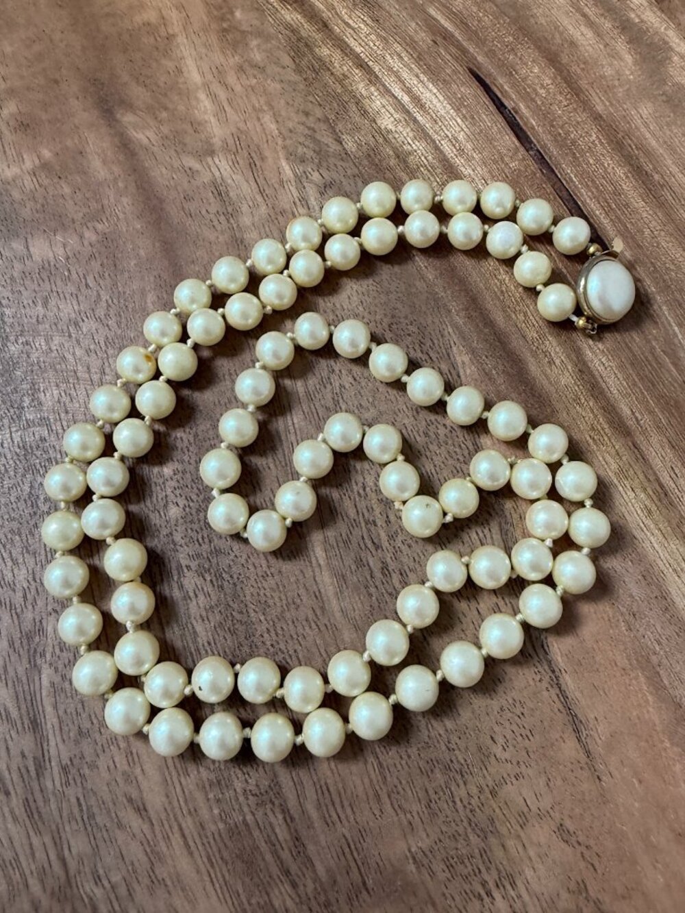 VINTAGE Long Opera Length Faux Pearl Necklace Hand Knotted Cream Clasp